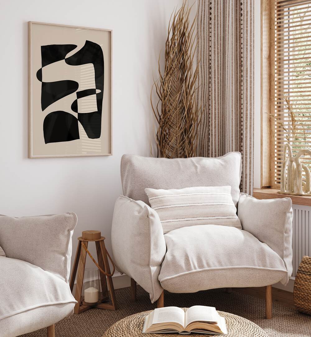 Stylish living room featuring BLACK AND WHITE LINE SERIES VI, ABSTRACT PAINTINGS, blending modern art with serene vibes.