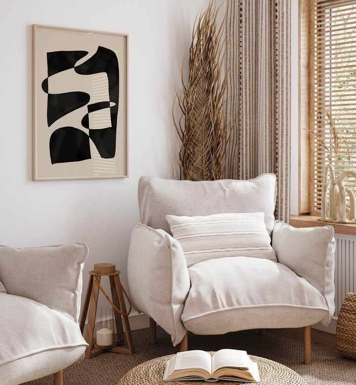 Stylish living room featuring BLACK AND WHITE LINE SERIES VI, ABSTRACT PAINTINGS, blending modern art with serene vibes.