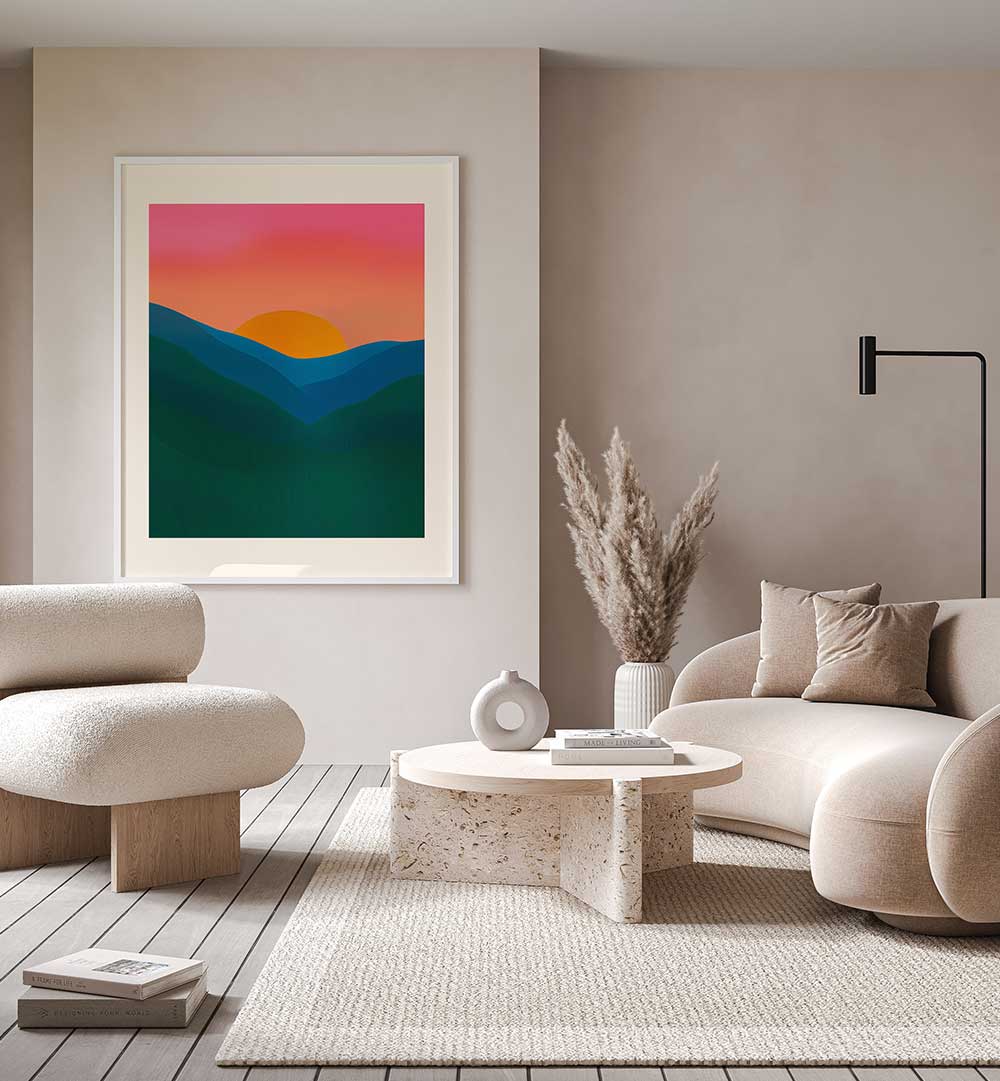 ECHO , LANDSCAPE PAINTINGS featuring a vibrant sunset over layered hills in a modern cozy living room setting.