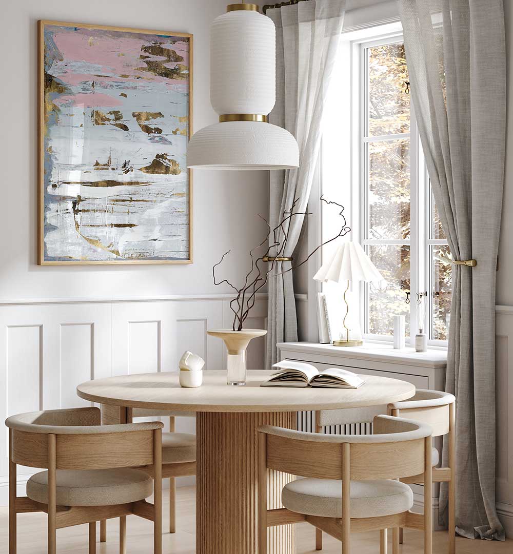 Elegant dining space featuring SOFT WHITES II, ABSTRACT PAINTINGS, enhancing modern home decor with its captivating design.