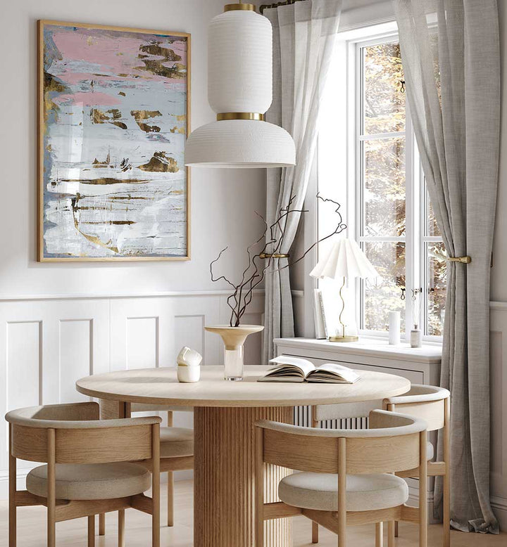 Elegant dining space featuring SOFT WHITES II, ABSTRACT PAINTINGS, enhancing modern home decor with its captivating design.