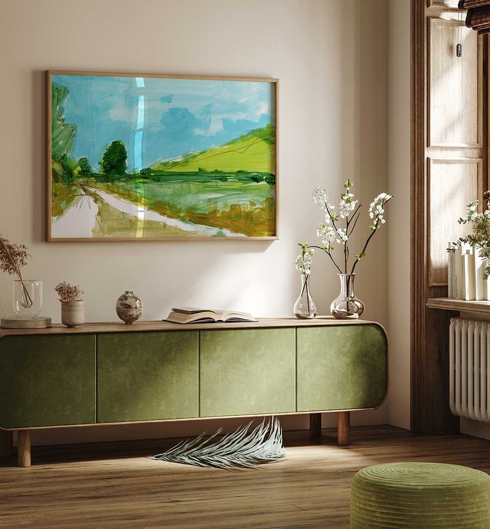 Serene COUNTRY III, LANDSCAPE PAINTINGS brighten a modern living space with nature’s beauty and vibrant colors.