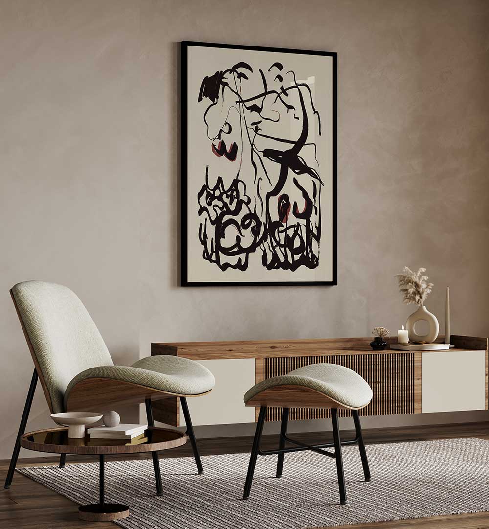 BLACK LINES AND SUBTLE RED ACCENTS , ABSTRACT PAINTINGS