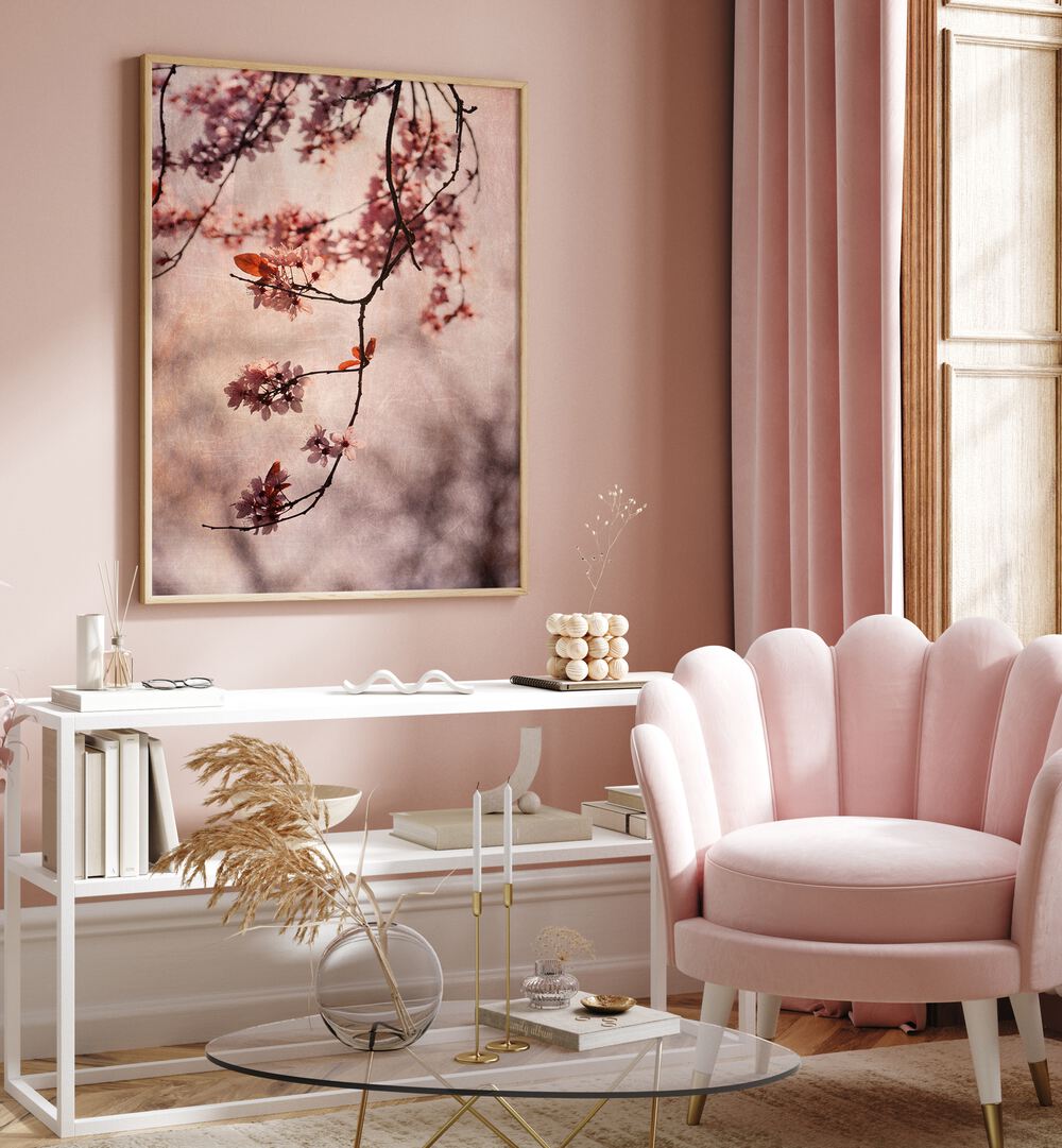 Delicate cherry blossoms adorn the wall, showcasing VINTAGE PINK, FLORAL FLOWER PAINTINGS for a serene home ambiance.