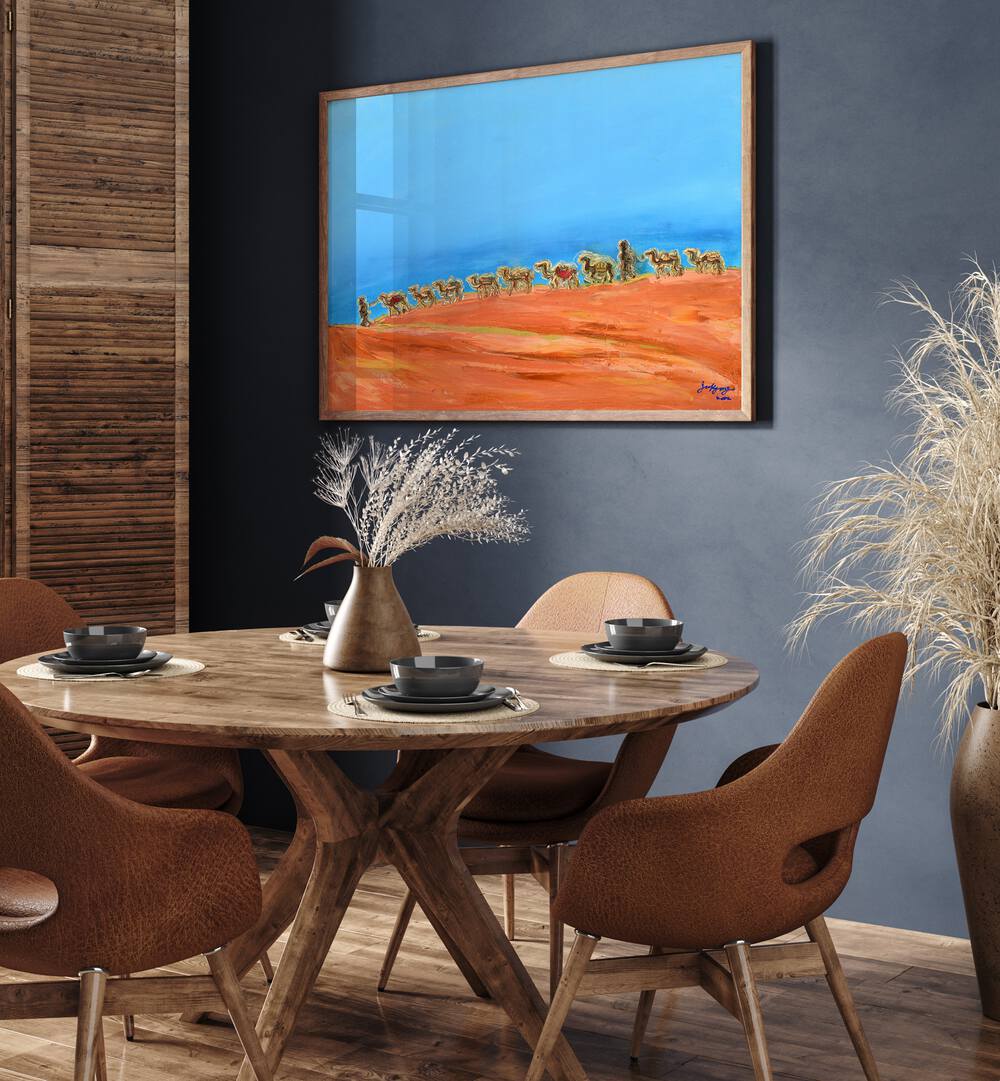 Colorful CAMELS in stunning LANDSCAPE PAINTINGS displayed above a wooden dining table, adding warmth to your space.