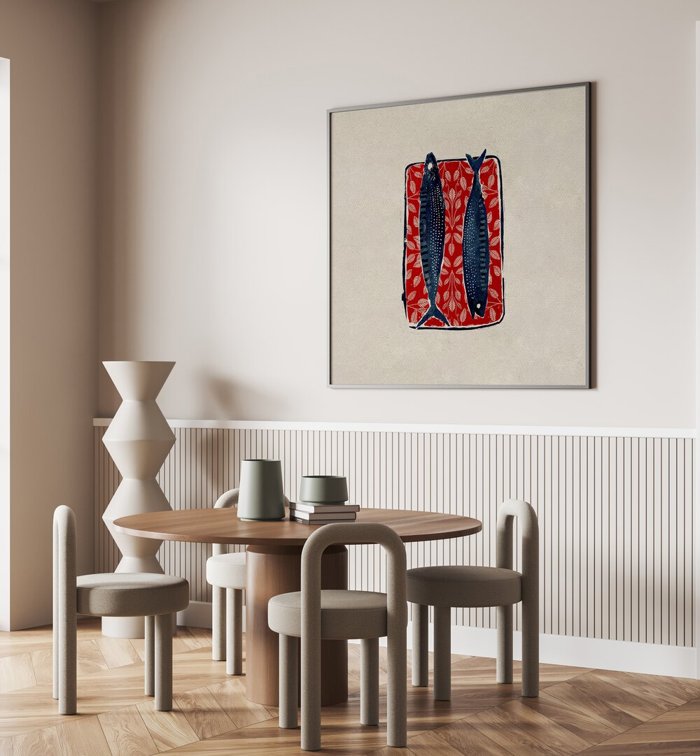 Vibrant SARDINE IN RED, KITCHEN POSTERS showcased in a stylish dining area, perfect for gourmet seafood lovers.