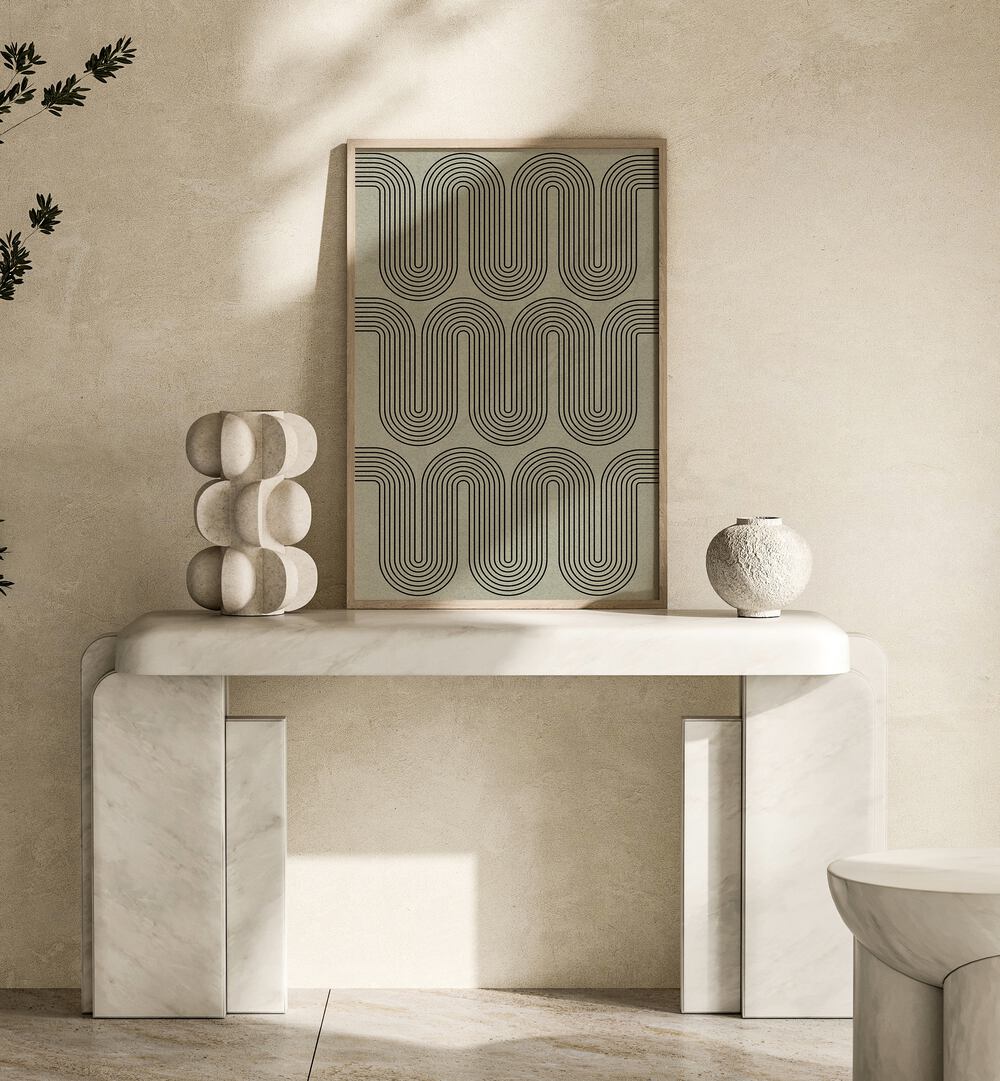 Stylish interior featuring MODERN WAVES NO.II, GEOMETRIC ART PRINTS, enhancing the space with modern design elegance.