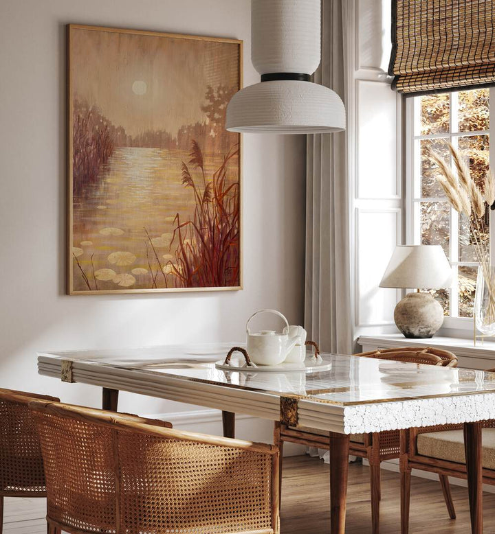 Pond with Reeds at Sunset, landscape paintings, adds serene beauty to your space with vibrant hues of orange and gold.