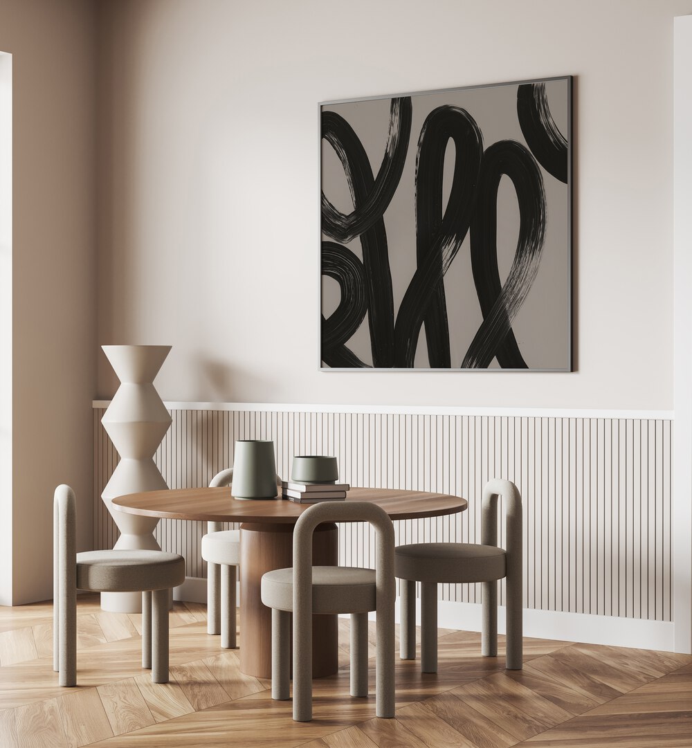 Stylish dining area featuring RECORDS, ABSTRACT PAINTINGS that enhance the modern aesthetic and artistic vibe.