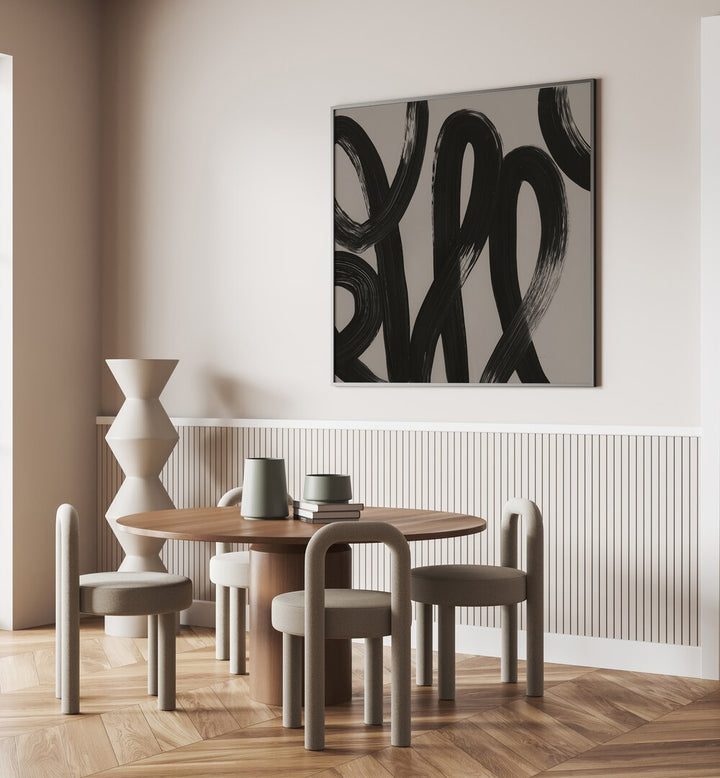 Stylish dining area featuring RECORDS, ABSTRACT PAINTINGS that enhance the modern aesthetic and artistic vibe.
