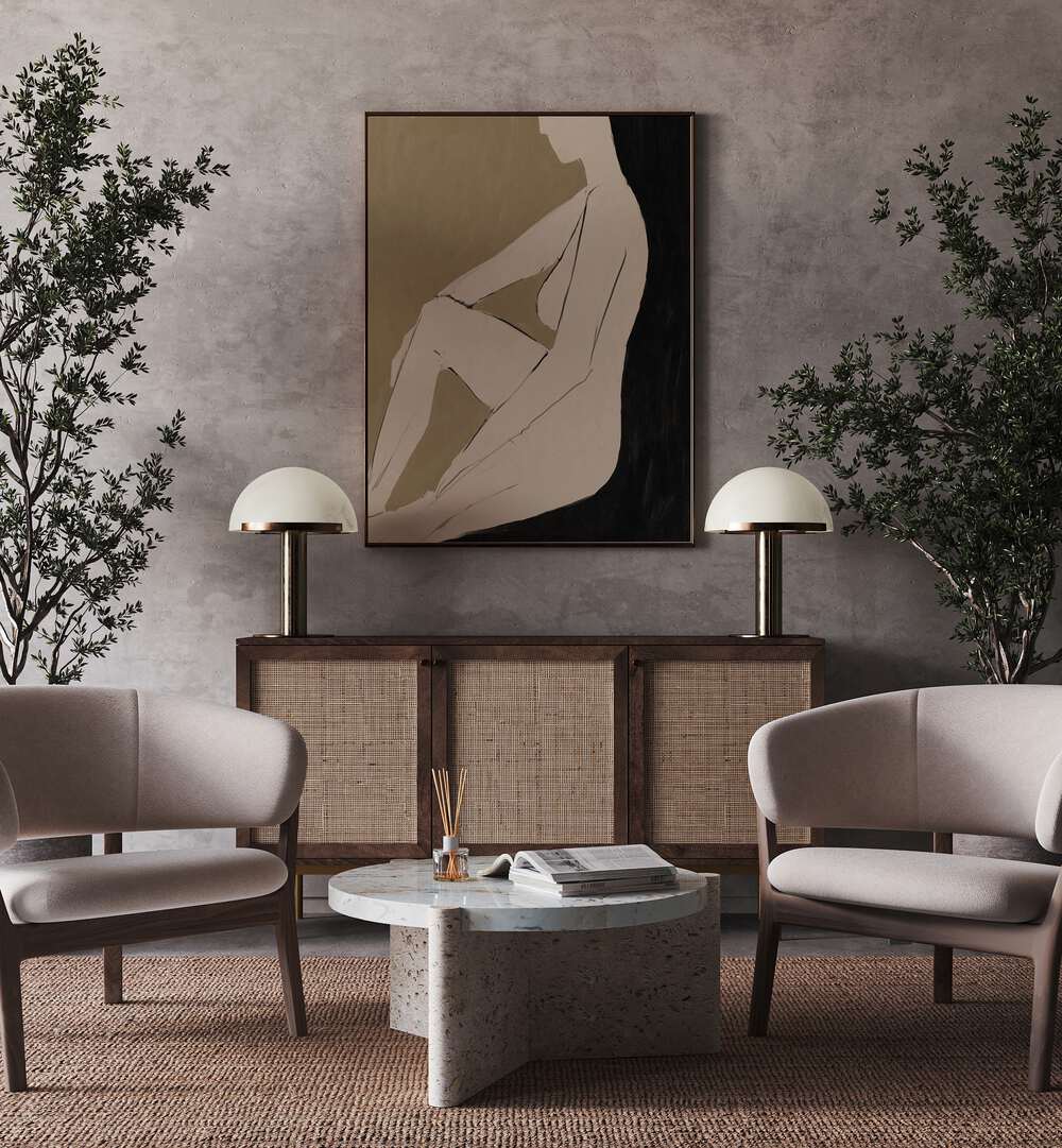Stylish living room featuring CHILL, PORTRAITS artwork, blending creativity and elegance in a modern space.