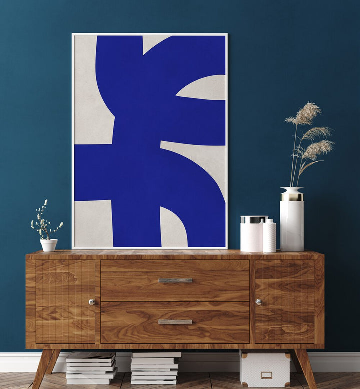 Bright blue shapes in the UNDULATING CURVES V, ABSTRACT PAINTINGS, add elegance to modern home decor.