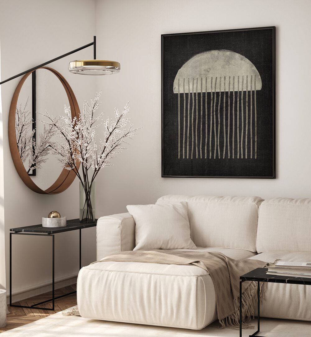 Stylish living room featuring CREAM COOL JELLYFISH, GEOMETERIC ART PRINTS, enhancing elegance and tranquility.