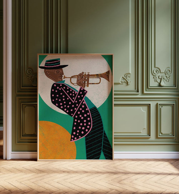 Vibrant MUSICIAN GUY I, MOVIE POSTERS design featuring a trumpet player, perfect for music lovers and artists.