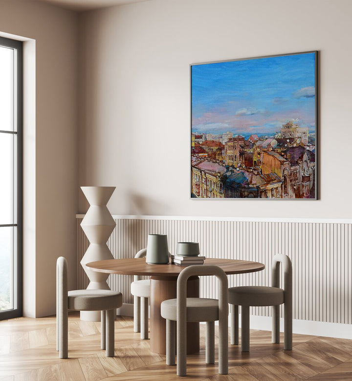 Elevate your home with CITYSCAPE WITH ROOFS, LANDSCAPE PAINTINGS showcasing urban vibrancy and sophistication.