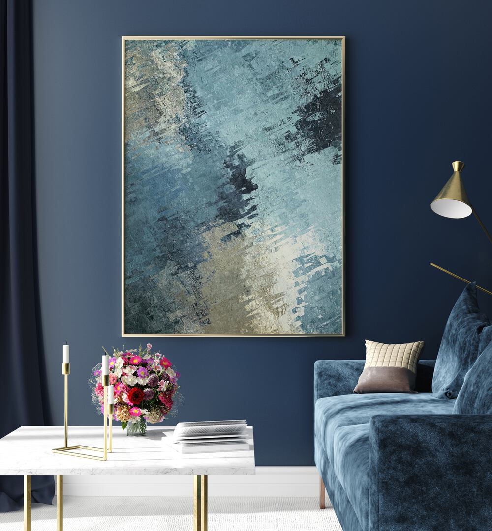 FRACTURED REFLECTION, ABSTRACT PAINTINGS adorn a modern living space, showcasing striking blues and intricate textures.