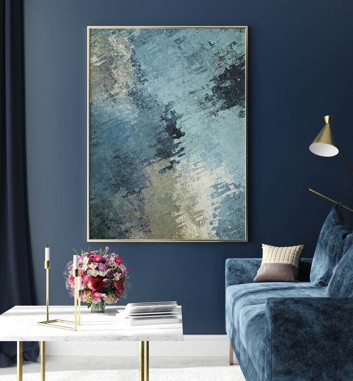 FRACTURED REFLECTION, ABSTRACT PAINTINGS adorn a modern living space, showcasing striking blues and intricate textures.