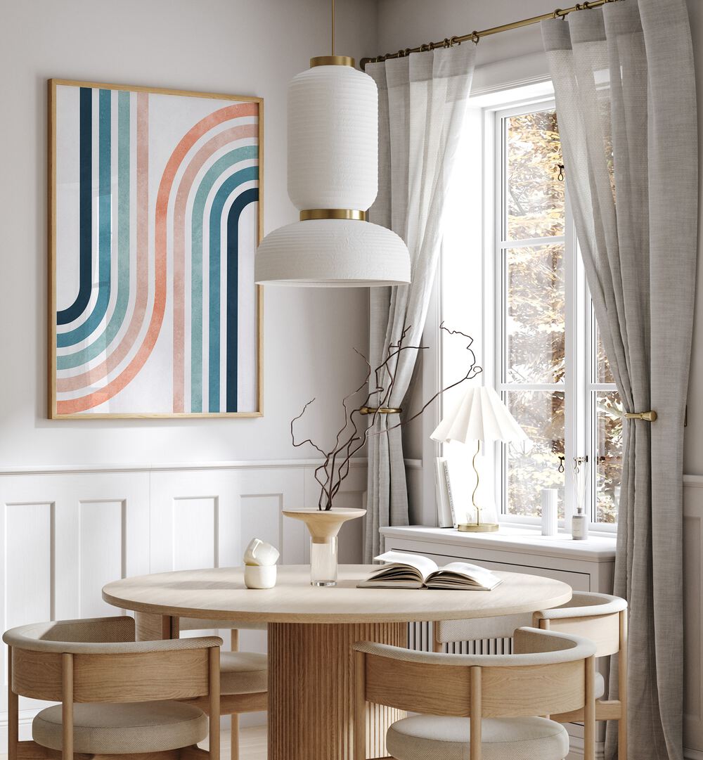 Modern dining space featuring LINES AND ARCS II, GEOMETRIC ART PRINTS, showcasing vibrant colors and stylish design.