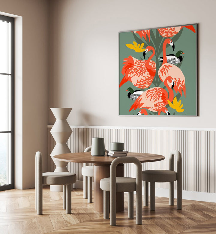 Bright and colorful VIVID FAUNA, ANIMAL PAINTINGS adorn a modern dining space, showcasing vibrant wildlife artistry.
