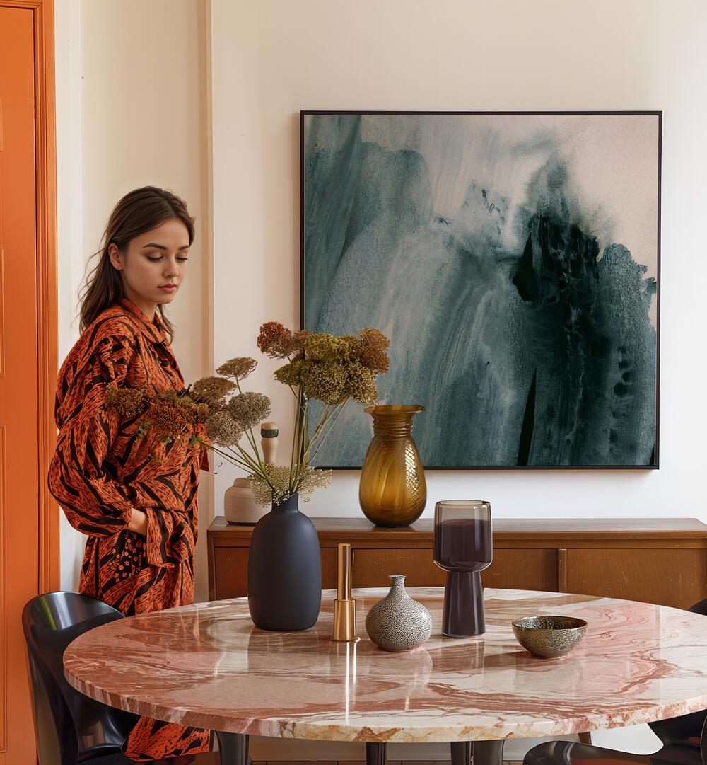 Elegant interior featuring GREYISH BRUSHSTROKES, ABSTRACT PAINTINGS that enhance the space's aesthetic. Perfect for decor.