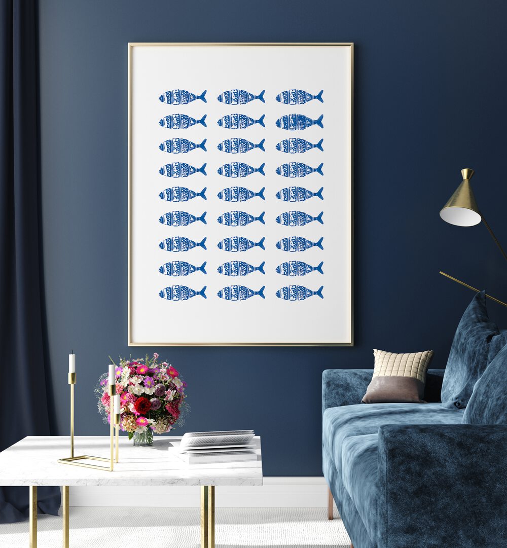 Stylish FISH ROW, BEACH PRINTS artwork displayed in a modern living room, perfect for coastal decor enthusiasts.
