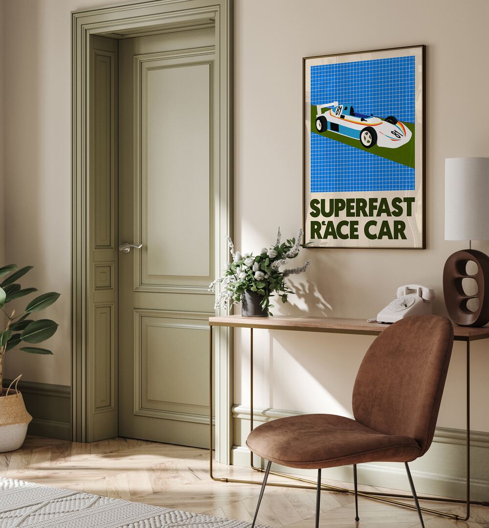 Colorful SUPERFAST RACE CAR poster showcasing speed excitement, perfect for car enthusiasts' decor. Ideal for CAR POSTERS collection.