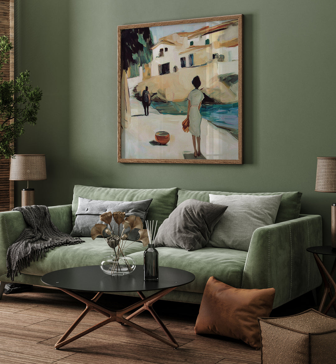 Elegant living room featuring "THE WOMAN IN WHITE" artwork, enhancing the sophisticated ambiance of the space.