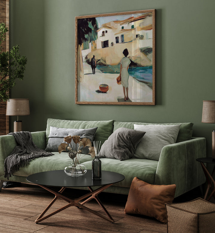 Elegant living room featuring "THE WOMAN IN WHITE" artwork, enhancing the sophisticated ambiance of the space.