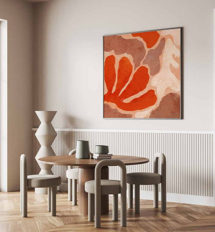 Vibrant TEXTURES OF TERRA IV, ABSTRACT PAINTINGS enhancing a modern dining space with artistic flair.