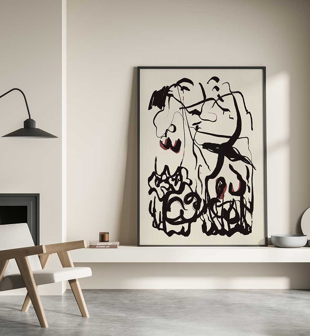 BLACK LINES AND SUBTLE RED ACCENTS , ABSTRACT PAINTINGS