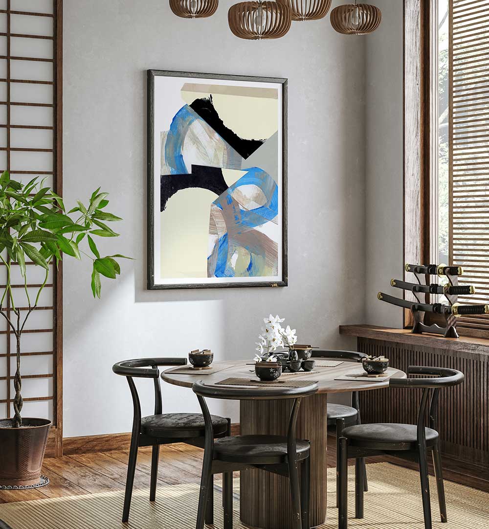 Stunning BLUE NEUTRAL BEIGE I, ABSTRACT PAINTINGS adds elegance to any space with its soothing blue and beige tones.