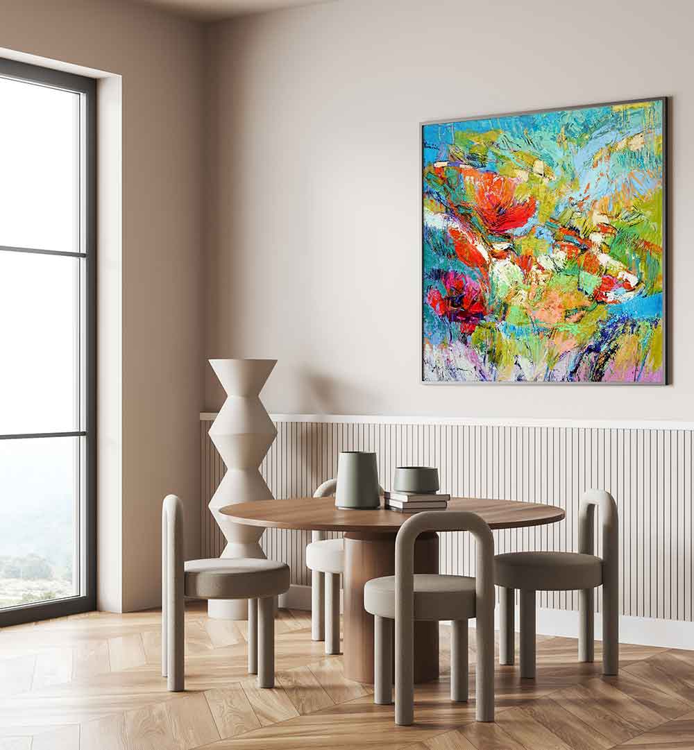 Colorful abstract floral wall art in dining room — FLORAL HARMONY BURST , ABSTRACT PAINTINGS