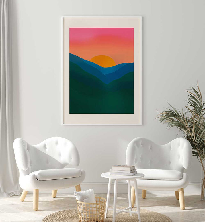 ECHO , LANDSCAPE PAINTINGS showcasing a vibrant sunset over layered hills, enhancing modern living spaces with calm.