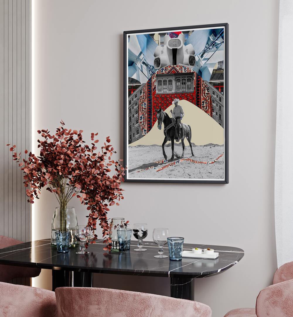 Elegant HORSEMAN, SURREAL ART PRINTS displayed in a modern setting, blending art with equestrian themes. Perfect for decor.