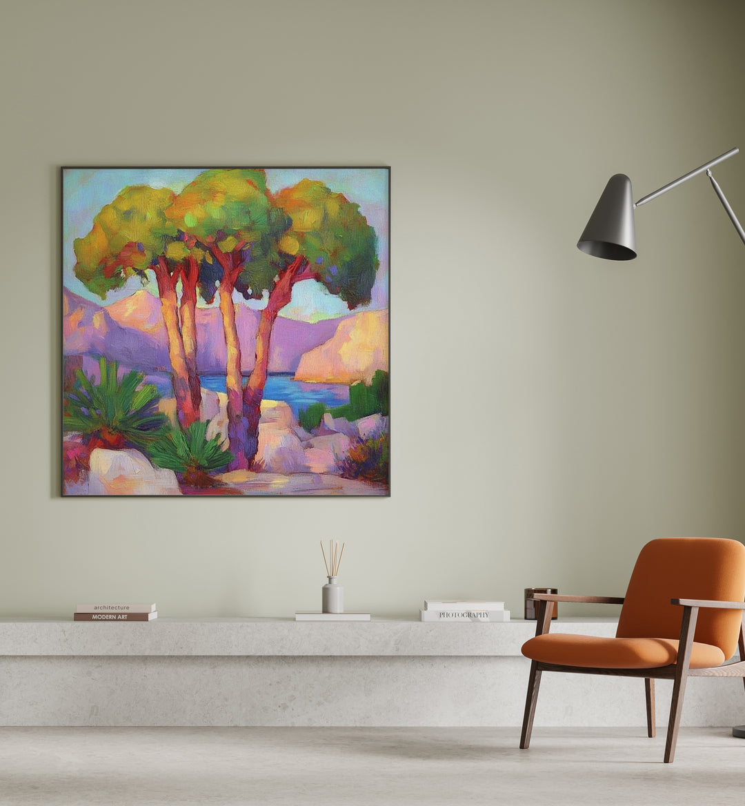 Lively artwork, THREE TREES BY THE SEA, brings coastal tranquility to your space, perfect for nature lovers.