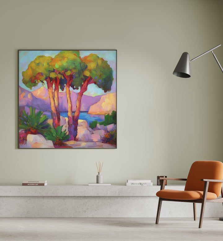 Lively artwork, THREE TREES BY THE SEA, brings coastal tranquility to your space, perfect for nature lovers.