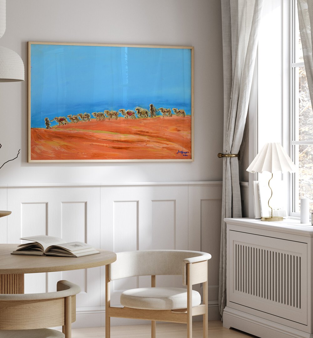Colorful CAMELS traverse a vibrant landscape in this unique painting, perfect for art lovers and enthusiasts.