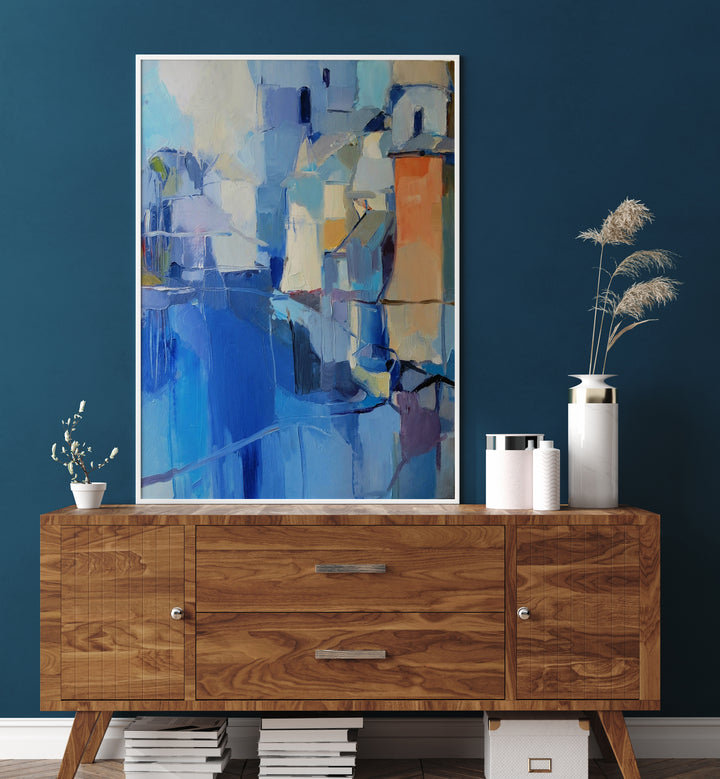 Vibrant ORANGE FORTRESS, ABSTRACT PAINTINGS displayed in a chic setting, enhancing any modern decor.