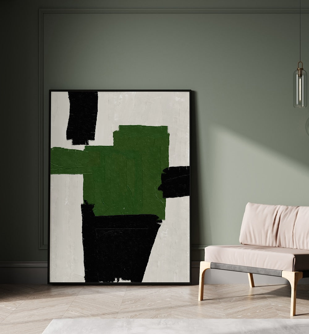 Abstract modern oil painting featuring bold green and black shapes, perfect for contemporary decor from Miuus Studio.
