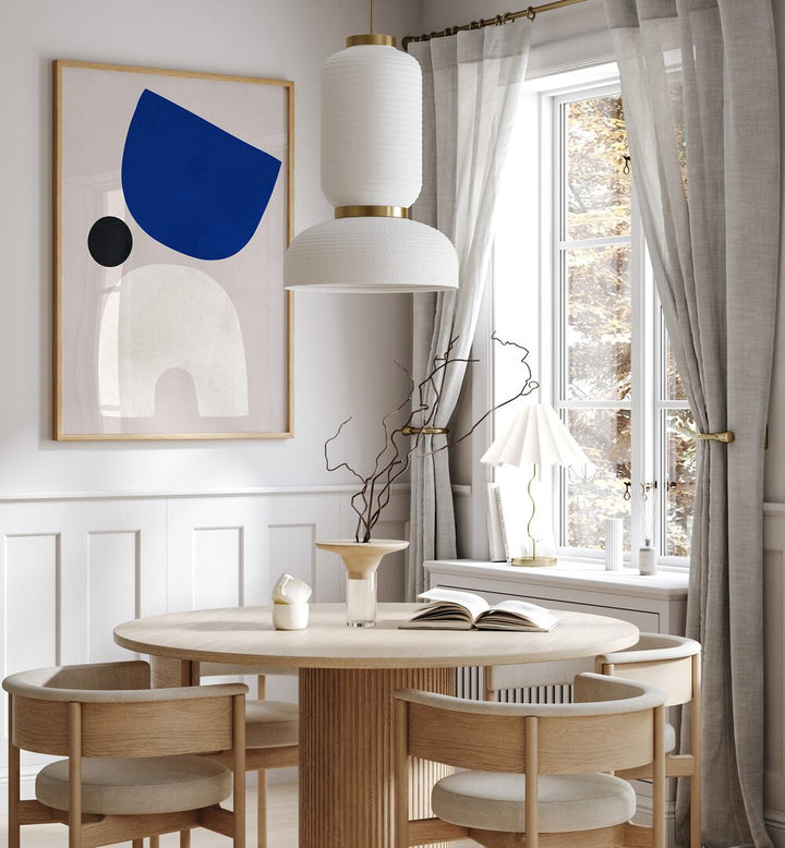 Stylish CURVED SHAPES VI, GEOMETRIC ART PRINTS adorn a modern dining space, enhancing creativity and elegance.