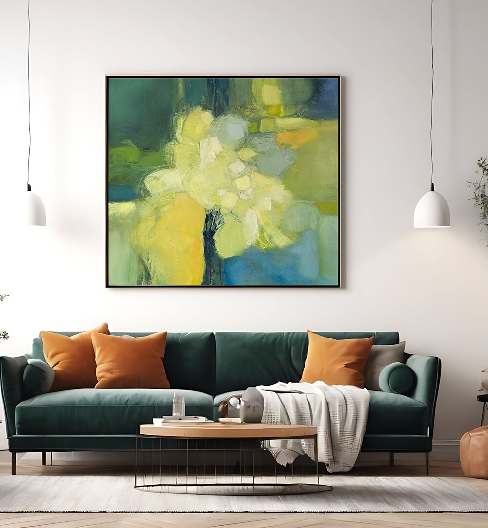 Vibrant OLIVE DREAMS, ABSTRACT PAINTINGS adorn a stylish living room, blending elegance and comfort effortlessly.