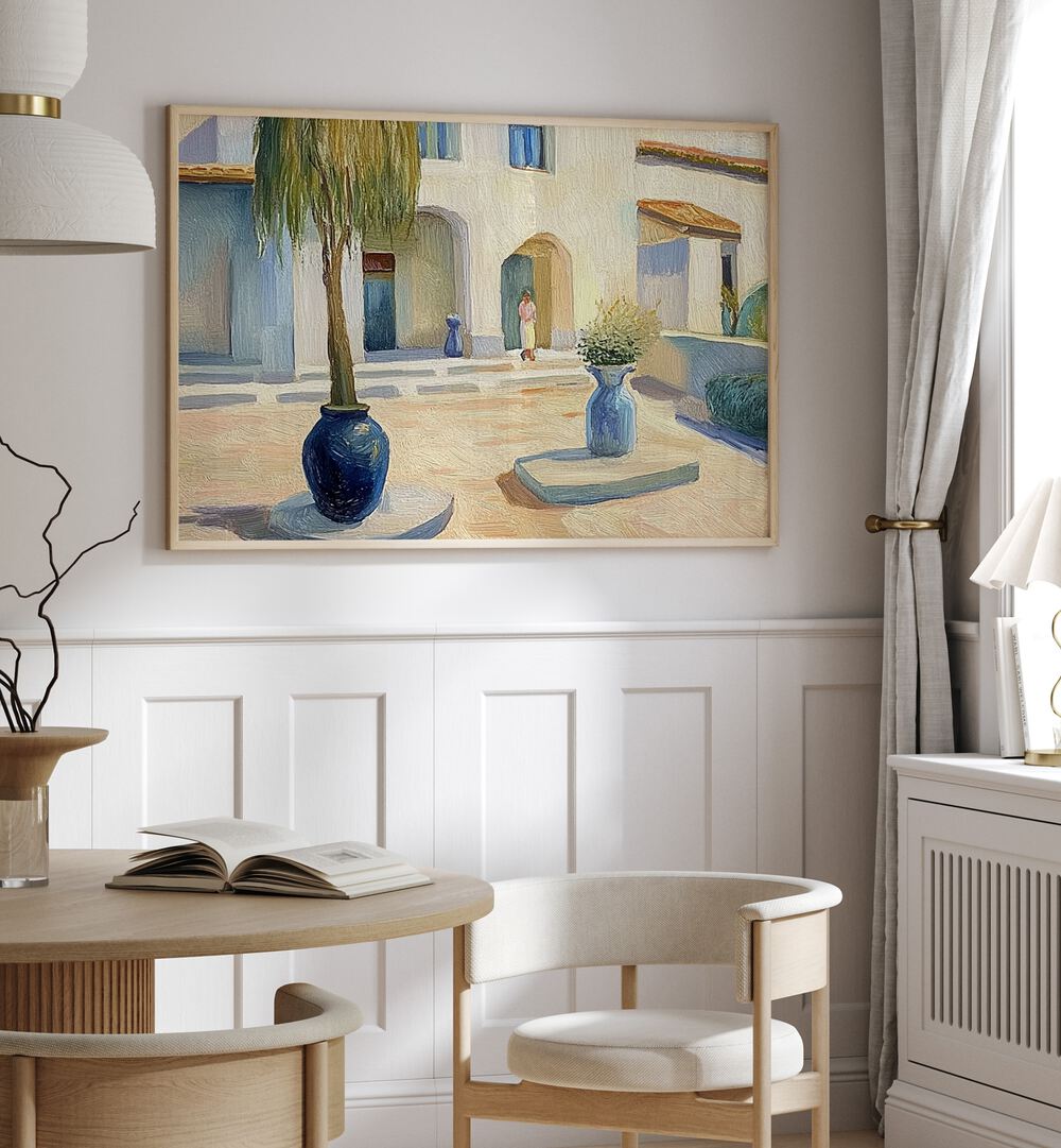 Elegant HOUSE IN A COURTYARD artwork, showcasing modern comfort and traditional aesthetics in a charming setting.