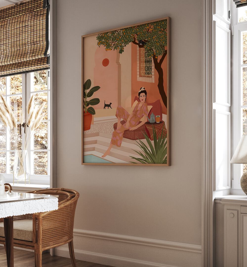 Elegant interior featuring SECRET GARDEN, PORTRAITS illustration by Petra Holikova, enhancing the serene ambiance.