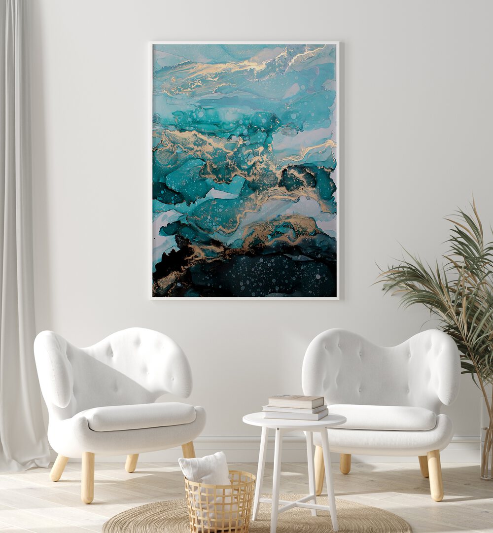 Abstract painting titled "UNDER THE SEA," showcasing vibrant blues and golds, perfect for modern decor.