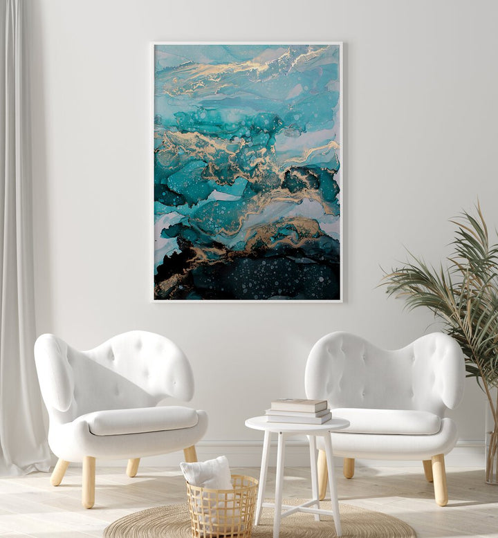 Abstract painting titled "UNDER THE SEA," showcasing vibrant blues and golds, perfect for modern decor.