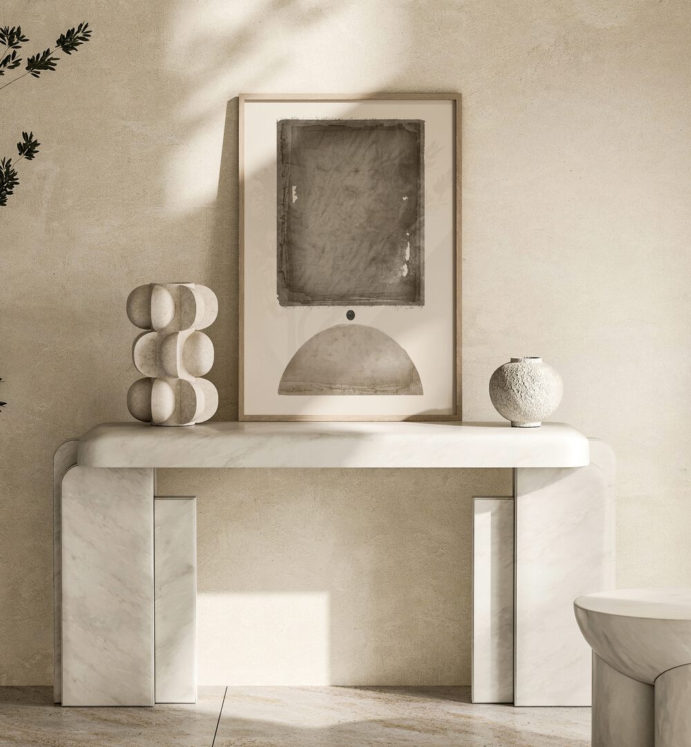 Stunning EARTHY ELEGANCE, GEOMETRIC ART PRINTS displayed on a stylish marble console, enhancing modern decor.
