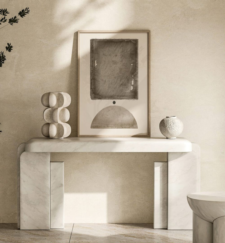 Stunning EARTHY ELEGANCE, GEOMETRIC ART PRINTS displayed on a stylish marble console, enhancing modern decor.