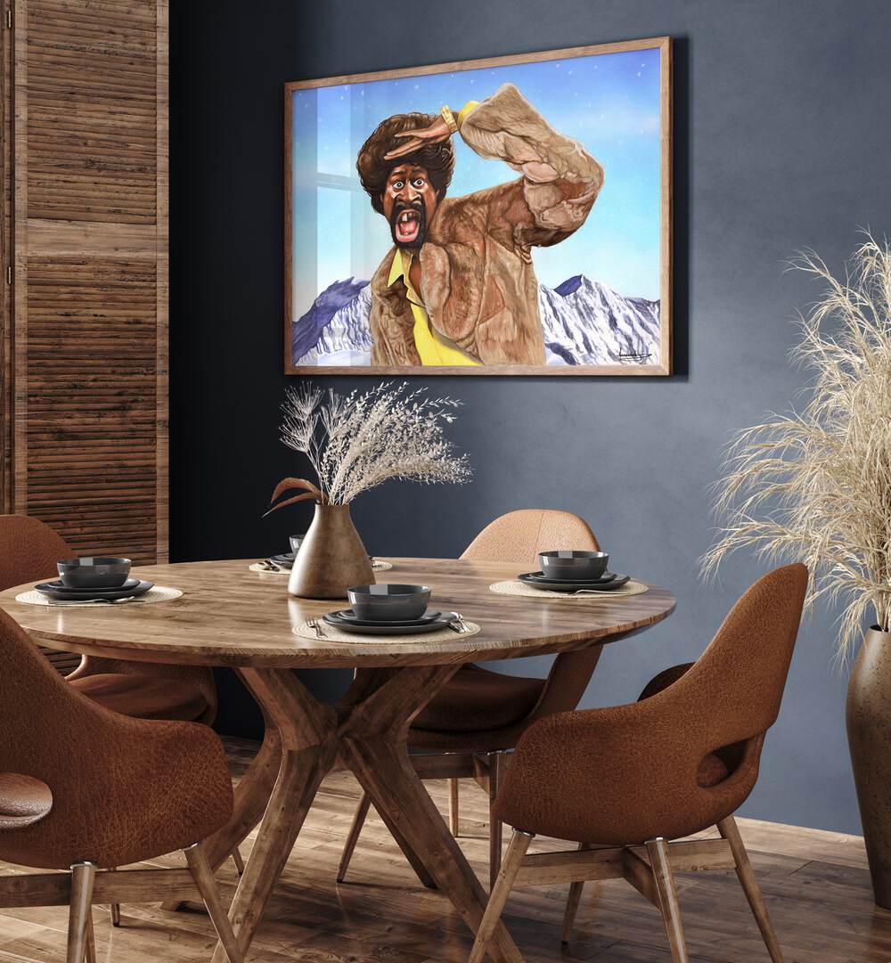 MARTIN HIMALAYAS, AFRICAN ART PAINTINGS adorn a stylish dining area, blending adventure with luxury and elegance.