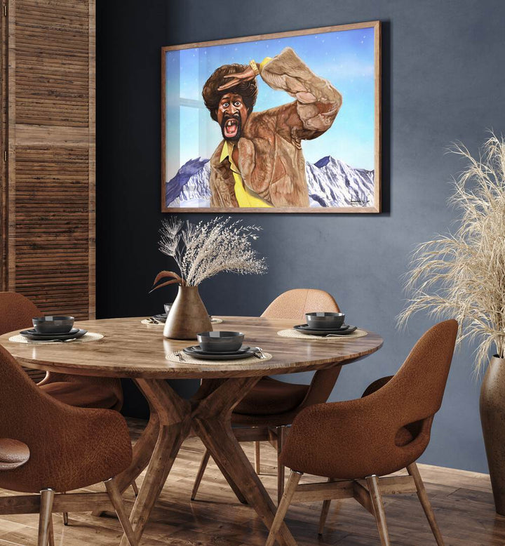 MARTIN HIMALAYAS, AFRICAN ART PAINTINGS adorn a stylish dining area, blending adventure with luxury and elegance.
