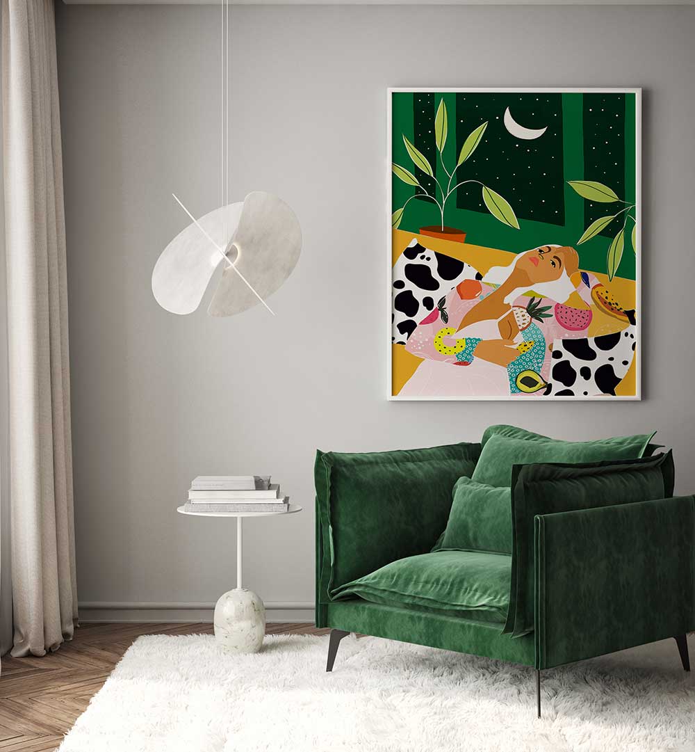 WOMAN RELAXING UNDER A CRESCENT MOON , FASHION POSTERS